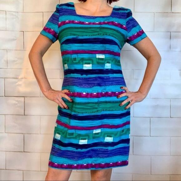 90s Vintage Multicolor Striped Short-Sleeve Dress - Picture 2 of 10
